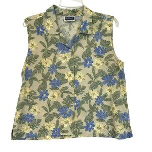 Erika & Co Petites Blouse Sleeveless Tropical Floral Collared Front Button Sz LP